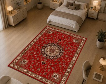 Persian Style Red Medallion Rug, Vintage Oriental Area Rug, Traditional Floral Carpet, Iranian Inspired Rug, Classic Home Decor