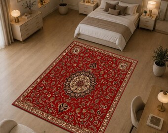 Persian Style Red Rug, Vintage Oriental Carpet, Floral Medallion Area Rug, Traditional Persian Inspired Rug, Classic Home Decor