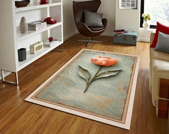 Elegant Floral Tulip Rug, Modern Minimal Flower Carpet, Soft Pastel Botanical Area Rug, Living Room Bedroom Decor
