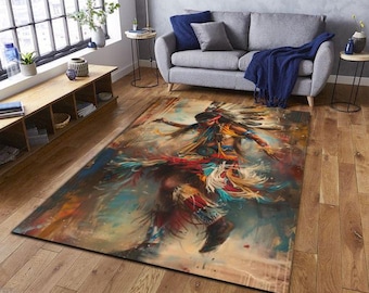 Alfombra de bailarina nativa americana, alfombra de arte tribal del suroeste, alfombra de danza bohemia, decoración colorida de estilo indígena