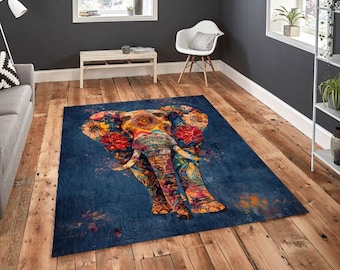 Colorful Elephant Rug, Boho Animal Art Area Rug, Mandala Elephant Carpet, Ethnic Home Decor, Modern Artistic Rug