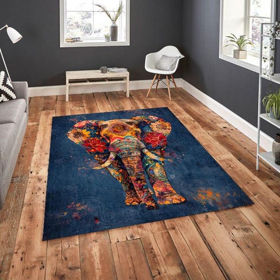 Colorful Elephant Rug, Boho Animal Art Area Rug, Mandala Elephant Carpet, Ethnic Home Decor, Modern Artistic Rug