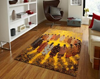 Alfombra con arte circular de mujeres nativas americanas, diseño bohemio tribal, decoración del suroeste, simbolismo cultural