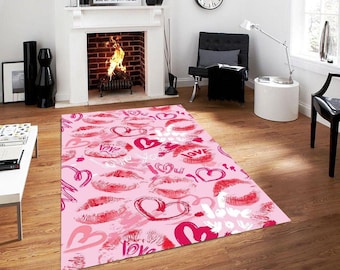 Personalized Valentine's Day Rug, Pink Lips and Hearts Print