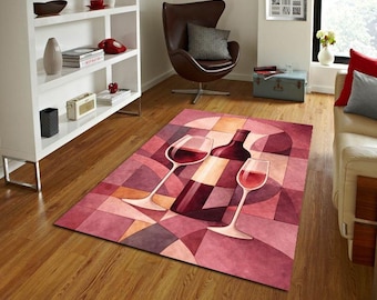 Abstract Wine Rug, Modern Wine Bottle Art Carpet, Geometric Burgundy Red Rug, Kitchen Dining Room Decor, Wine Lover Gift