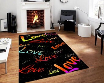 Personalized Love Typography Rug, Neon Rainbow Carpet, Modern Home Decor