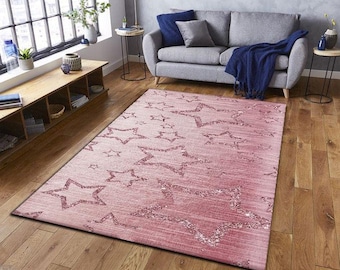 Alfombra de estrella rosa brillante, alfombra brillante para habitación de niña, bonita alfombra con estampado de estrellas brillantes, decoración estética para dormitorio en rosa pastel.