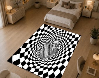 3D Optical Illusion Rug, Black White Tunnel Rug, Op Art Area Rug, Hypnotic Vortex Carpet, Modern Geometric Floor Decor