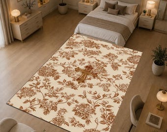 Christian Cross Floral Rug, Cream Beige Religious Area Rug, Vintage Catholic Carpet, Faith Inspired Home Decor, Prayer Room Rug Gift