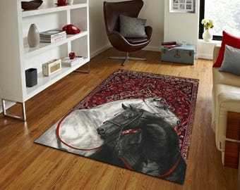 Arte ecuestre con alfombra oriental, ilustración de caballo con fondo de alfombra persa, elegante decoración de pared con caballo blanco y negro, póster ecuestre bohemio