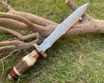 14 '' Damaststahl Jagdmesser: Hirschhorngriff & Lederscheide