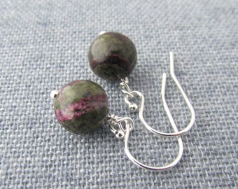 Micanite Earrings, green and purple mica gemstones, dangle earrings