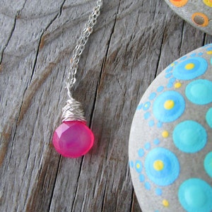 Chalcedony Necklace, Hot Pink gemstone pendant, wire wrapped, pink chalcedony