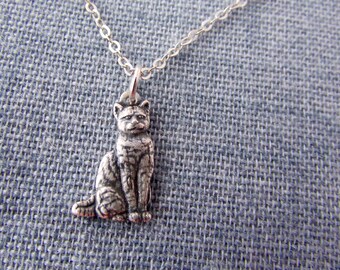 Cat Necklace, silver cat pendant, tabby cat, small, simple cat necklace