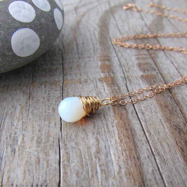 Opalite Necklace, pendant, small, gold, wire wrapped, faceted opalite drop