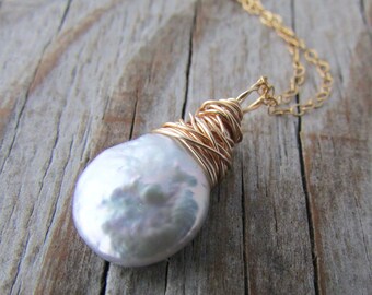 Pearl Necklace, wire wrapped pearl pendant, gold pearl tear drop