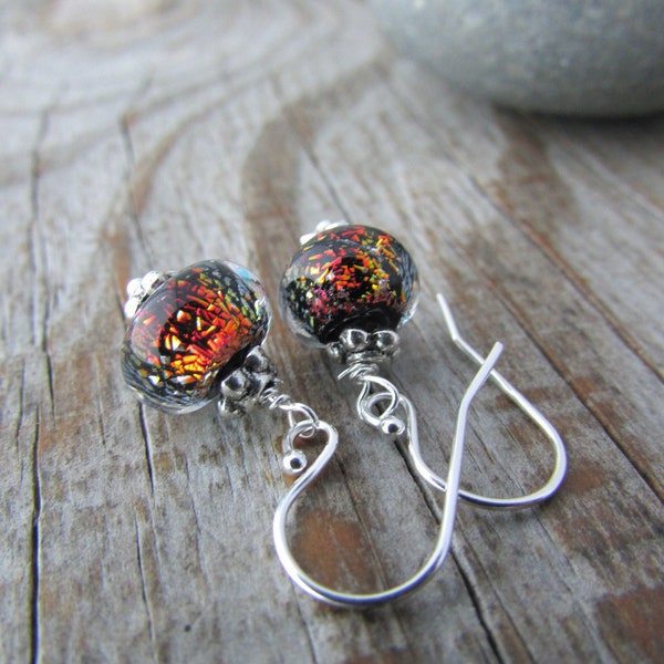 Lampwork Glass Earrings, bright fiery red dangle earrings, dichroic sparkle