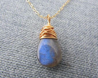 Labradorite Pendant, gold, wire wrapped, blue labradorite, smooth stone tear drop