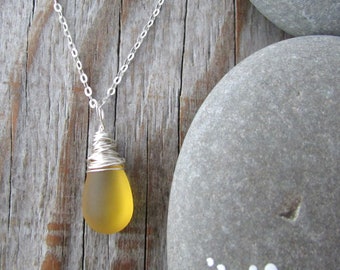 Yellow Glass Pendant, wire wrapped, sunshine yellow necklace