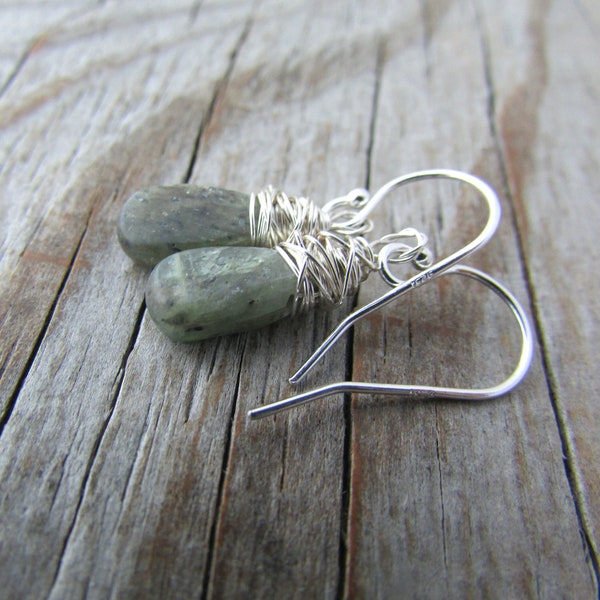 Green Kyanite Earrings, small, smooth, polished green kyanite, wire wrapped dangle earrings
