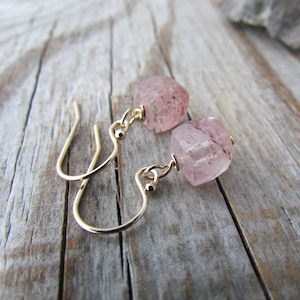 Strawberry Quartz Earrings, faceted pink cubes, gold gemstone dangle earrings