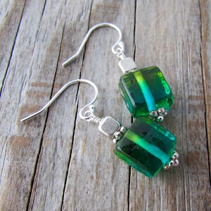 Green Earrings, two tone, square glass earrings, dangle earrings