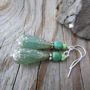 Green Beaded Earrings, jade green czech glass dangle earrings