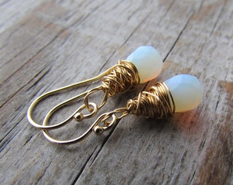 Opalite Earrings, small, faceted, gold wire wrapped opalite drops