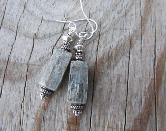 Rustic Silver Kyanite Earrings, icy blue gray kyanite dangle earrings