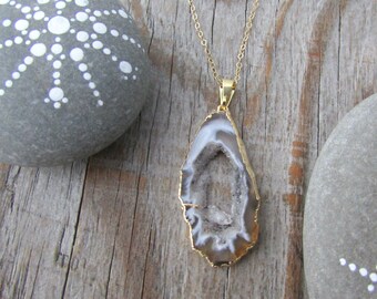 Agate Slice Necklace, slab of agate with gold edges and gold chain, geode slice