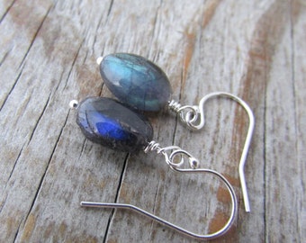 Dark Blue Labradorite Earrings, rustic gemstone, silver dangle earrings, dark spectrolite