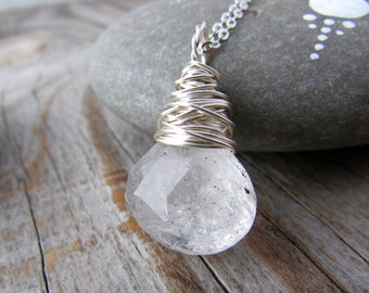 Tourmalinated Quartz Necklace pendant silver wire wrapped big crystal