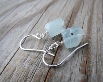 Raw Aquamarine Earrings, rough cut gemstone nuggets, dangle earrings