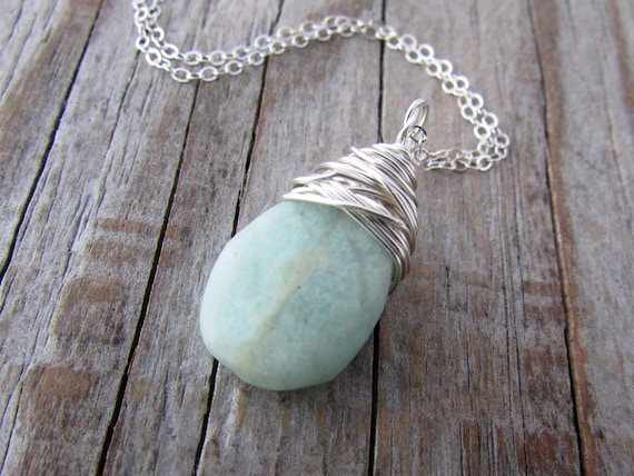 Amazonite Necklace, raw, matte finish, pale blue, smooth, wire wrapped gemstone pendant