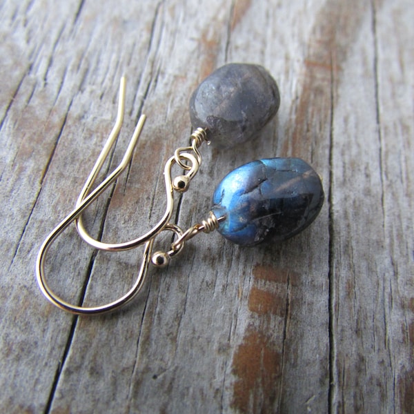 Blue Labradorite Earrings, rustic gemstone, gold dangle earrings, dark spectrolite earrings