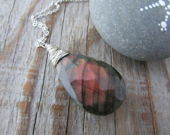 Labradorite Pendant, wire wrapped, faceted labradorite necklace, rainbow flash