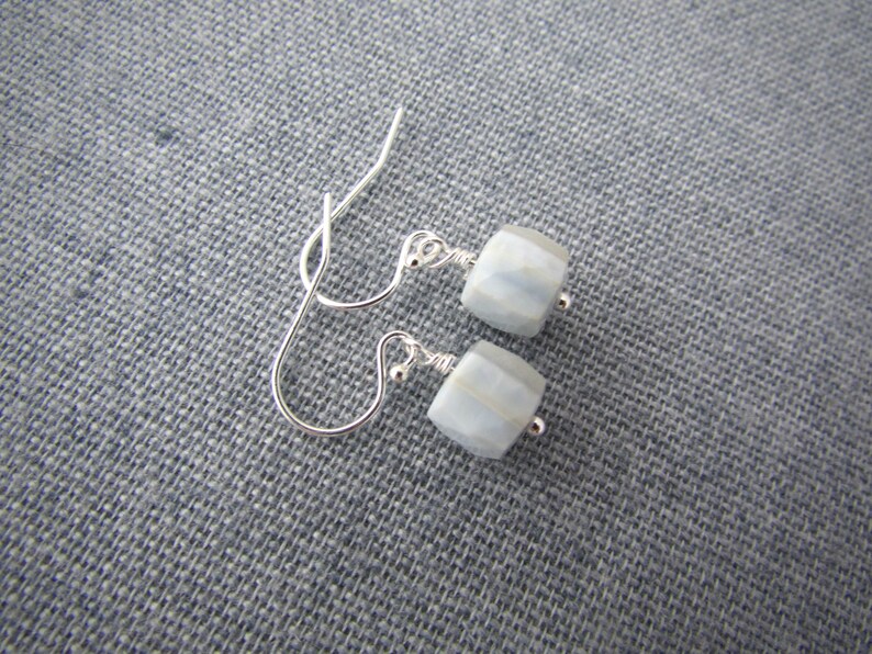 Blue Lace Agate Earrings, faceted gemstone cubes, dangle earrings, periwinkle blue image 1