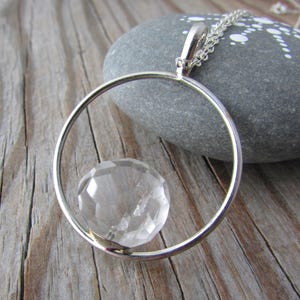 Circle Pendant with Crystal Ball, quartz gem with sterling necklace