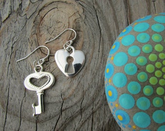Lock and Key Dangle Earrings: Mismatched Charms, Silver Hearts