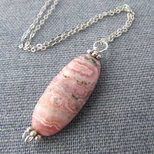 Rhodochrosite Pendant, polished pink rhodochrosite necklace, silver chain