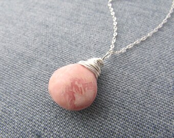 Rhodochrosite Pendant, pink rhodochrosite, wire wrapped necklace