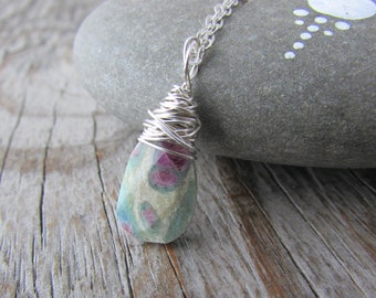 Ruby Zoisite Pendant: Wire Wrapped Faceted Stone Necklace
