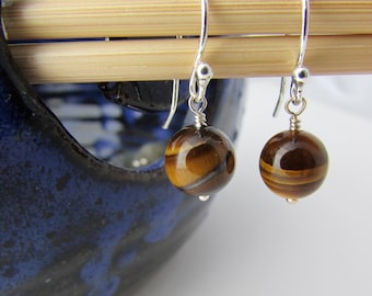 Tiger Eye Earrings: Round Tiger Iron Stone