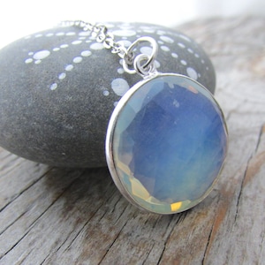 Opalite Necklace, faceted opalite, focal piece, bezel set, sterling silver chain