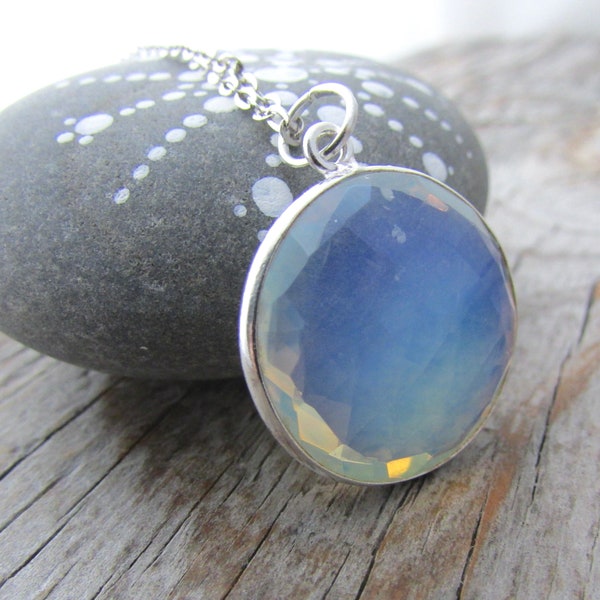 Opalite Necklace, faceted opalite, focal piece, bezel set, sterling silver chain