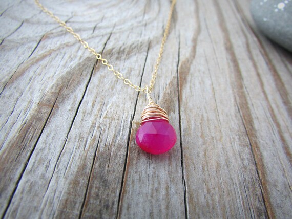 Hot Pink Chalcedony Necklace: Gold, Wire Wrapped Pendant