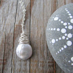 Pearl Necklace, wire wrapped pearl pendant, silver pearl tear drop