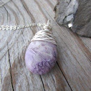 Lepidolite Necklace, purple lepidolite, wire wrapped, stone pendant image 1