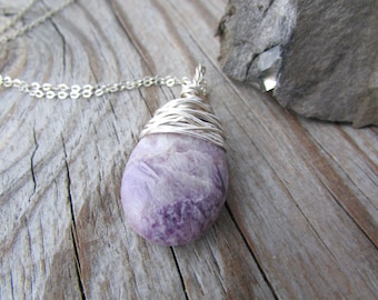 Lepidolite Necklace, purple lepidolite, wire wrapped, stone pendant