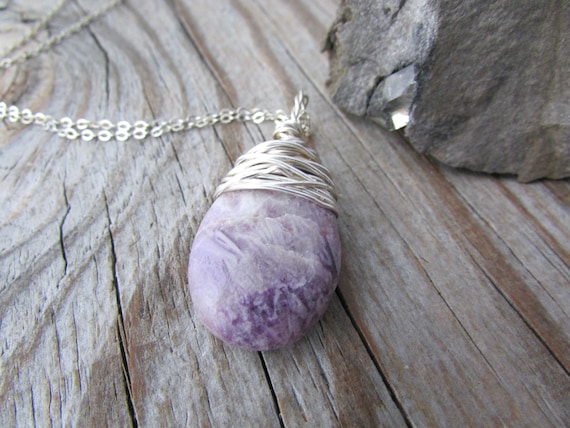 Lepidolite Necklace, purple lepidolite, wire wrapped, stone pendant